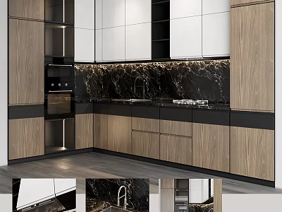 Modern Kitchen Interior With White And Wooden Cabinets And Marble Countertop 3d model