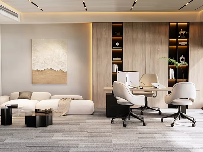 Modern Office Interior Design With White Sofa Wooden Bookshelves And Ergonomic Chairs 3d model