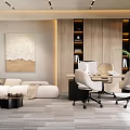 Modern Office Interior Design With White Sofa Wooden Bookshelves And Ergonomic Chairs