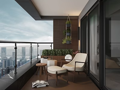 Modern Home Balcony Design With Outdoor Chairs Small Table Green Plants And City View 3d model