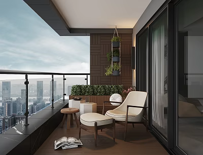 Modern Home Balcony Design With Outdoor Chairs Small Table Green Plants And City View 3d model
