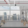 Modern Fitness Studio With Yoga Mats Exercise Balls Wooden Equipment Large Windows And City View