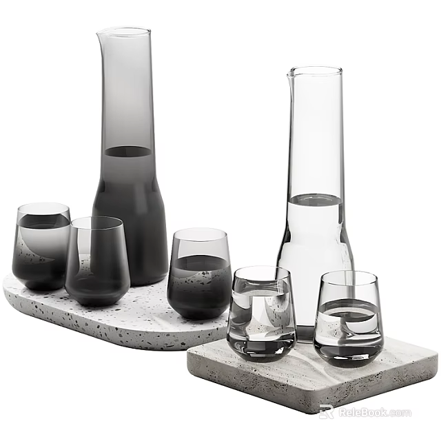 Modern Glass Tea Set With Grey Transparent Bottles Cups On Textured Concrete Trays 3d model 