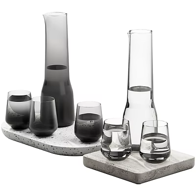 Modern Glass Tea Set With Grey Transparent Bottles Cups On Textured Concrete Trays 3d model