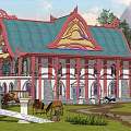 Detached Villa with Green Roof and Red Ornaments on Lawn with Mountain Backdrop and Animals