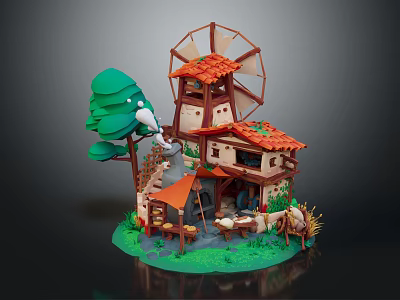 Colorful Cartoon Scene With Windmill House Tree Horses Hay Green Grass And Red Roof 3d model