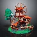 Colorful Cartoon Scene With Windmill House Tree Horses Hay Green Grass And Red Roof