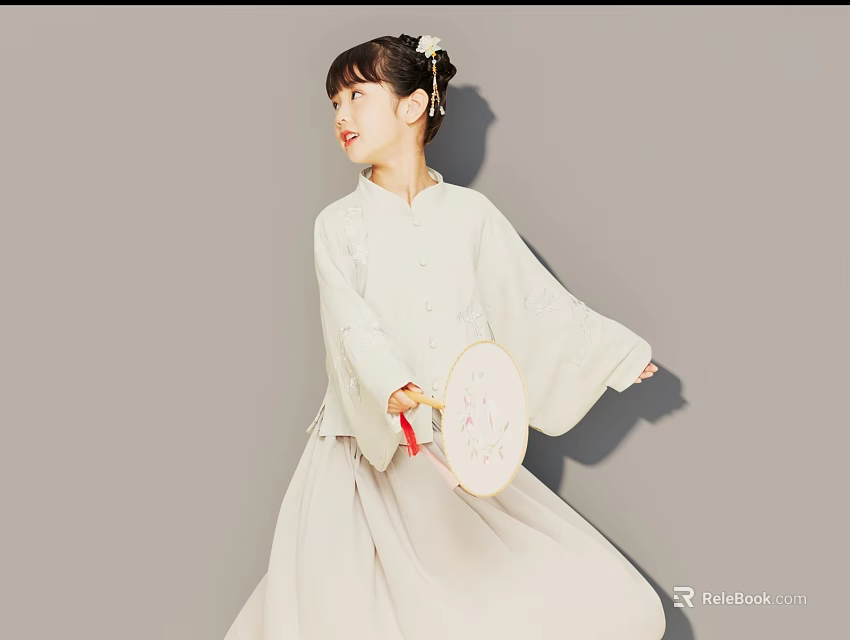 Woman in Traditional Hanfu Holding Decorative Hand Fan Against Gray Background 3d model 