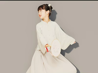 Woman in Traditional Hanfu Holding Decorative Hand Fan Against Gray Background 3d model