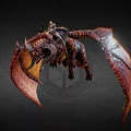 Mythical Red Dragon Flying with Large Membranous Wings Scales and Horned Head Against Dark Background