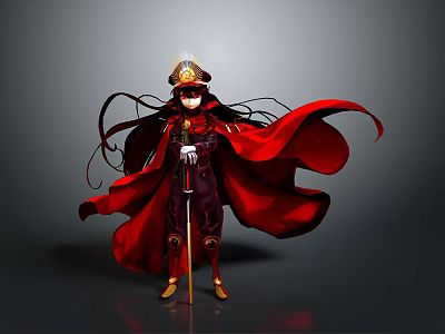 Anime Style Character Costume With Red Flowing Cape Ornate Hat And Decorative Staff 3d model
