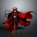 Anime Style Character Costume With Red Flowing Cape Ornate Hat And Decorative Staff