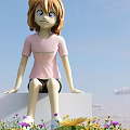 Doll Sitting on White Cube in Pink T-shirt With World Adventure Text Blue Sky Clouds