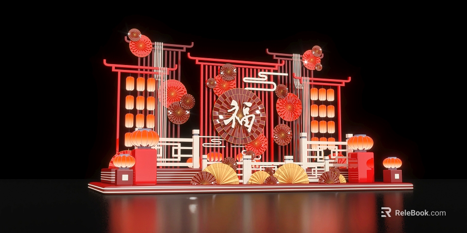 Traditional Chinese Commercial Equipment With Red Lanterns Fu Character And Decorations 3d model 