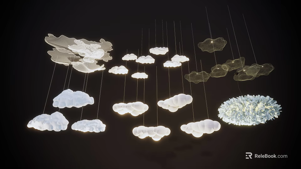 Cloud Shaped Chandeliers Multiple Hanging In Various Colors And Sizes On Dark Background 3d model