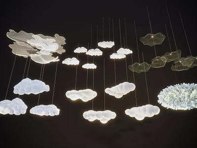 Cloud Shaped Chandeliers Multiple Hanging In Various Colors And Sizes On Dark Background 3d model