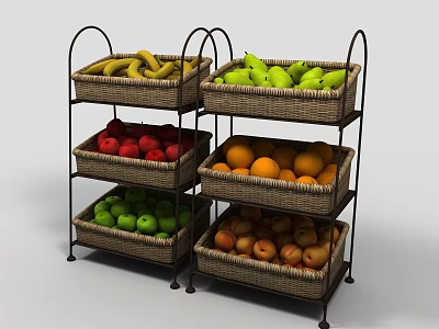 Multi Tiered Display Shelves With Metal Frame And Woven Baskets Holding Various Fruits 3d model