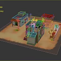 Cartoon Village Scene With Colorful Roof Houses Small Yard Plants And Steps