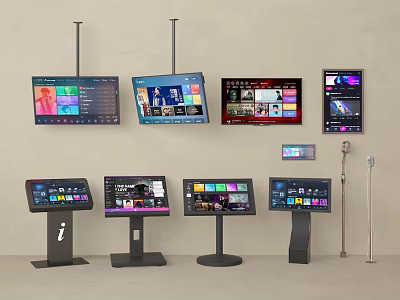 Various Digital Display Screens With Touchscreen Panels And Microphone Stands 3d model