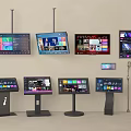 Various Digital Display Screens With Touchscreen Panels And Microphone Stands 3d model