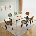 Elegant Dining Table Set Featuring Marble Top Six Brown Chairs Black Legs and Golden Accents