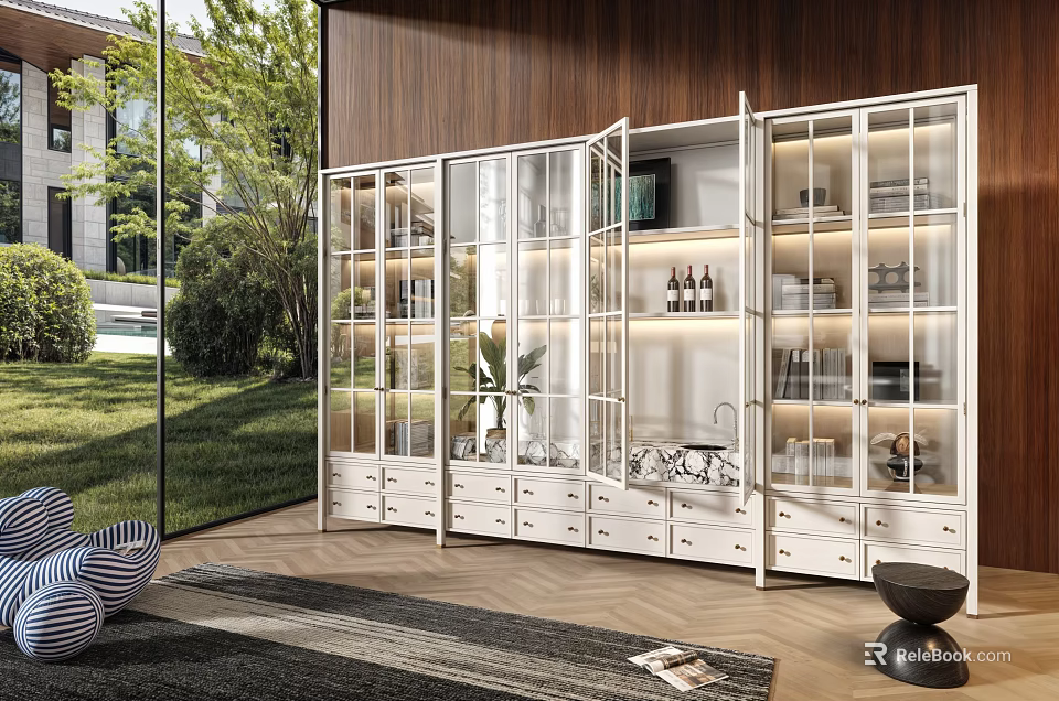 Modern White Decorative Cabinet With Glass Doors And Drawers In Interior 3d model 