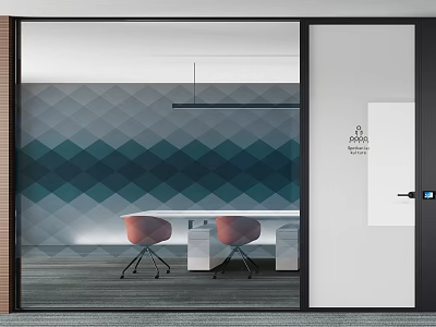 Modern Office Glass Partition With Diamond Pattern Wall And Pink Chairs 3d model