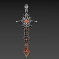 Ornate Dark Fantasy Sword With Black Hilt Central Red Gem And Orange Decorative Patterns