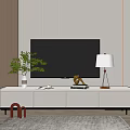 Modern White TV Stand With Black Television Lamp Decorative Items And Striped Wall