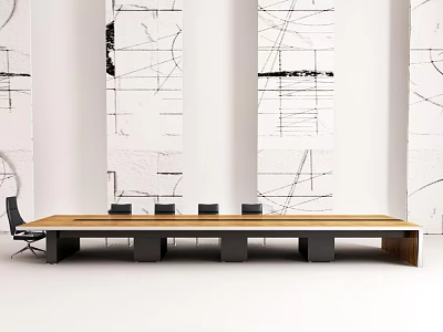 Modern Conference Table With Long Wooden Top Black Legs Abstract Wall Art In Minimalist Room 3d model