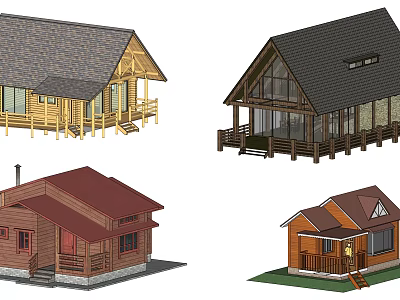 Various Wooden Detached Houses With Sloped Roofs Porch And Large Windows Design 3d model