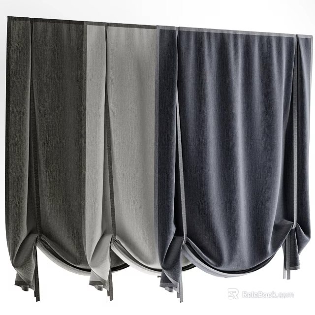 Modern Textured Curtains in Dark Light and Medium Gray with Tied Bottom Hem 3d model 