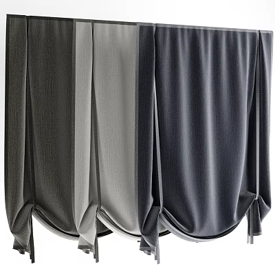 Modern Textured Curtains in Dark Light and Medium Gray with Tied Bottom Hem 3d model