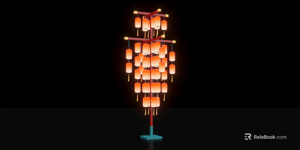 Artistic Hanging Lantern Decoration With Multiple Orange Lamps And Red Blue Frame 3d model 