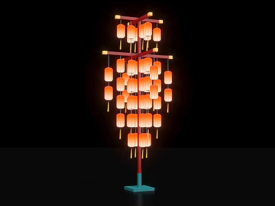 Artistic Hanging Lantern Decoration With Multiple Orange Lamps And Red Blue Frame 3d model