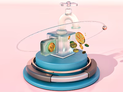 Transparent Faucet Device With Flowing Gold Coins Green Leaves And Circular Structure On Blue Base 3d model