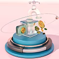 Transparent Faucet Device With Flowing Gold Coins Green Leaves And Circular Structure On Blue Base