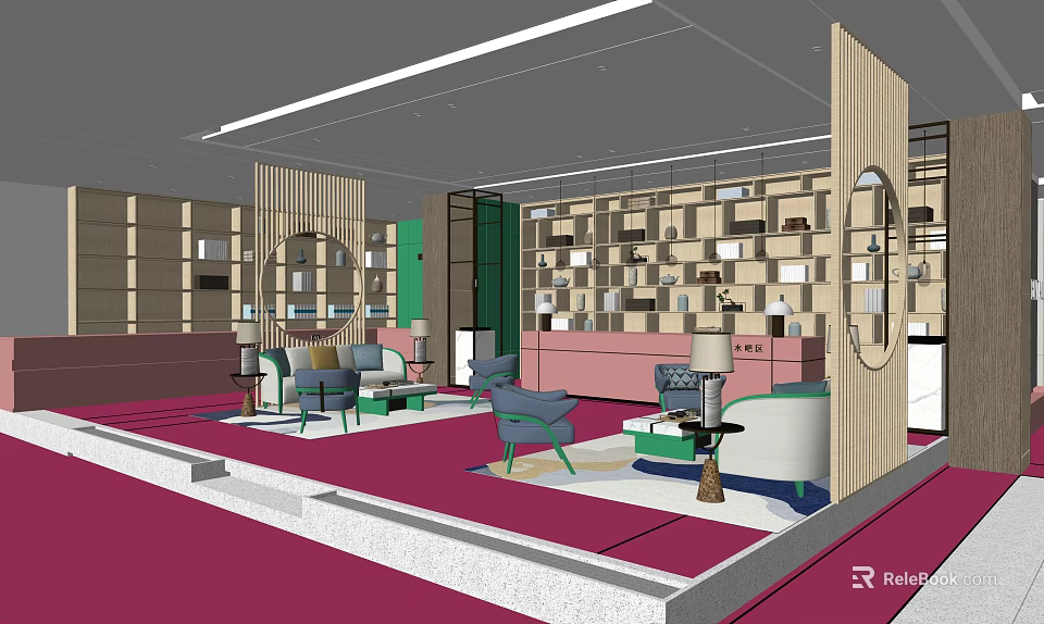 Cozy Lounge Area Interior Design With Colorful Sofas Armchairs Bookshelves And Red Rug 3d model 