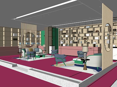 Cozy Lounge Area Interior Design With Colorful Sofas Armchairs Bookshelves And Red Rug 3d model