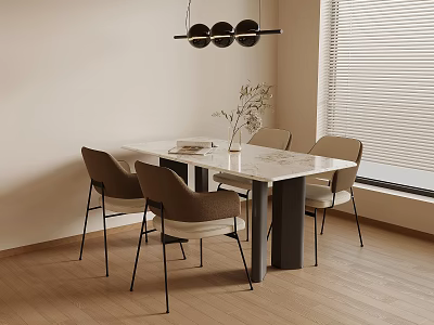 Modern Dining Table And Chairs Set With White Tabletop Beige Seats And Hanging Lamp 3d model