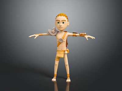 Cartoon 3D Game Character with Orange Hair Mechanical Shoulder Arm Gear Standing Pose Gray Background 3d model