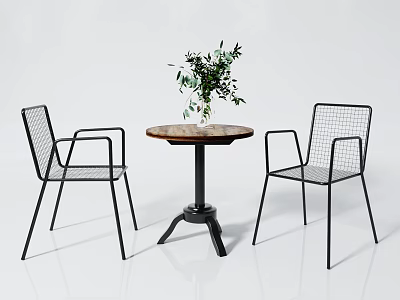 Modern Round Wooden Table With Black Metal Wire Mesh Chairs And Green Plant 3d model