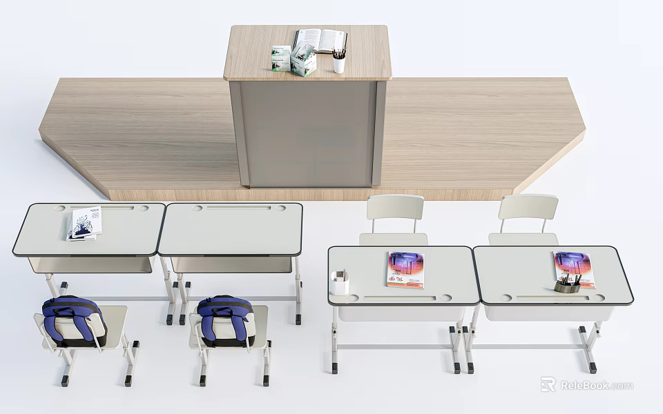Classroom Desks Setup With Student Tables Chairs Backpacks And Books 3d model 