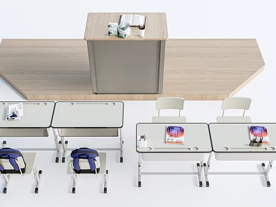 Classroom Desks Setup With Student Tables Chairs Backpacks And Books 3d model
