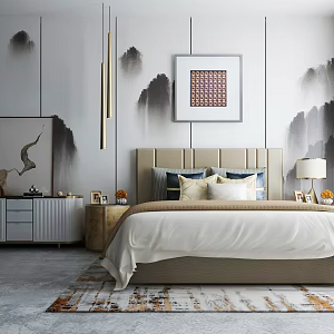 New Chinese Background Double Bed Furniture Combination 3d model