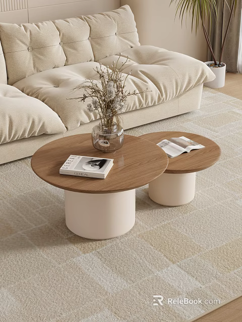 Beige Sofa With Two Round Coffee Tables Wooden Tabletop White Cylindrical Base And Magazines 3d model 