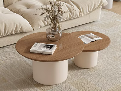 Beige Sofa With Two Round Coffee Tables Wooden Tabletop White Cylindrical Base And Magazines 3d model
