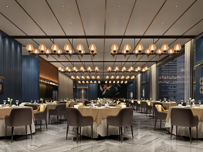 Elegant Modern Restaurant Interior With Chandeliers Round Tables And Comfortable Chairs 3d model
