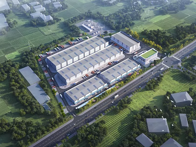 Aerial View Of Modern Industrial Factory With Surrounding Greenery And Roads 3d model