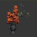 Blue Ceramic Vase With Vibrant Orange Flowers And Green Leafy Branches